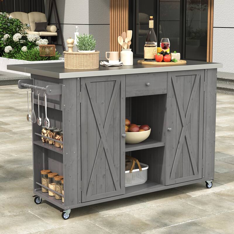 Outdoor Kitchen Island Fir Wood Kitchen Island with Stainless Steel Top, Ample Storage Space, Towel and Spice Racks