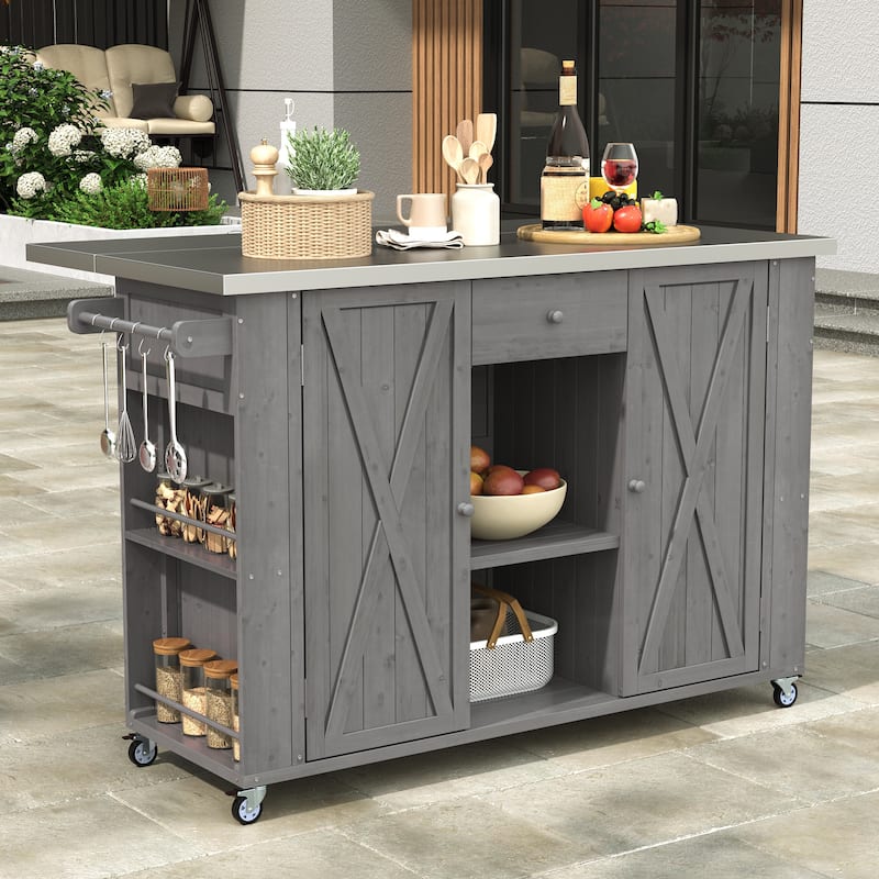 Outdoor Kitchen Island with Foldable Stainless Steel Top & Bottle Opener, Fir Wood Kitchen Island with Shelves and Towel Racks - Grey
