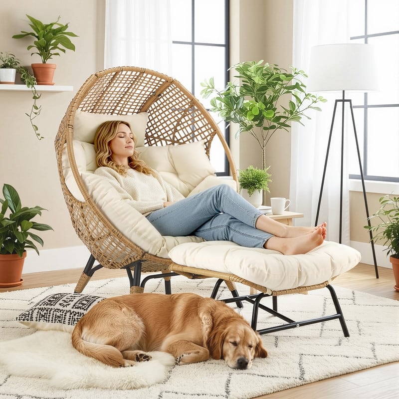 Outdoor Wicker Egg Chair with Ottoman, 6.5" Cushions, 440 lb Capacity