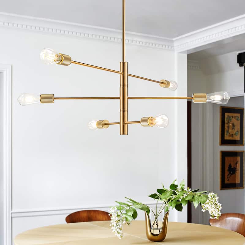 6-Light Mid-Century Modern Chandelier Brass Industrial Lighting Fixture for Dining Room & Kitchen Island - W47''
