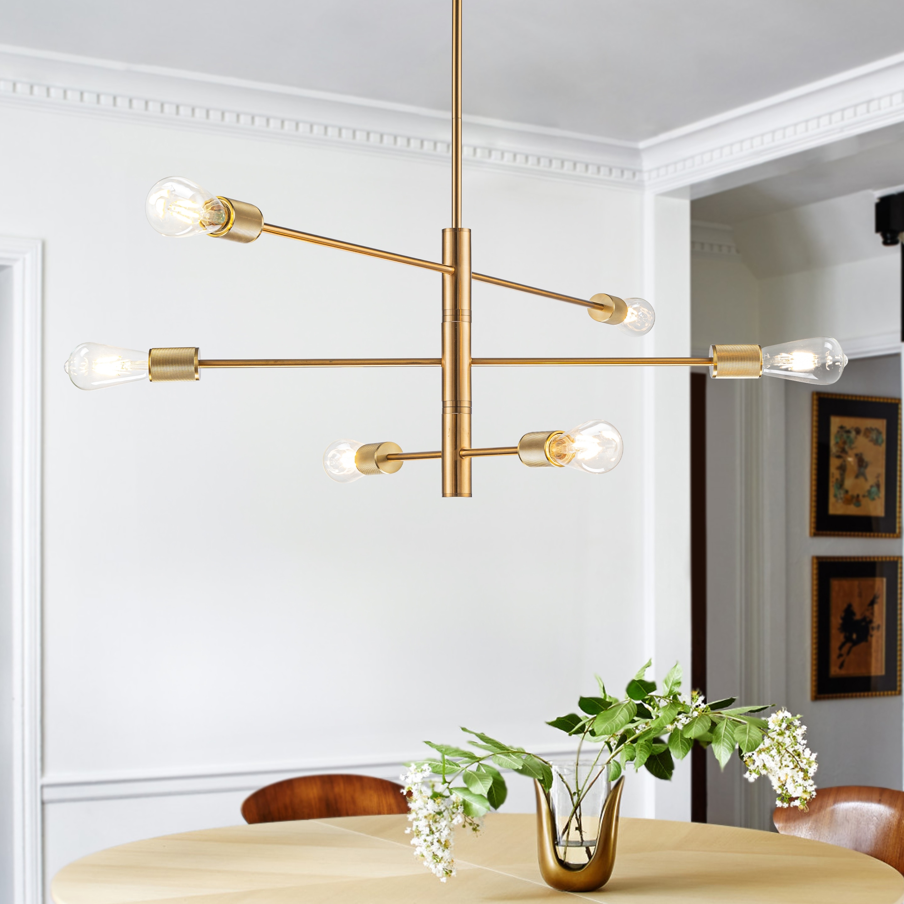 6-Light Mid-Century Modern Chandelier Brass Industrial Lighting Fixture for Dining Room & Kitchen Island - W47''