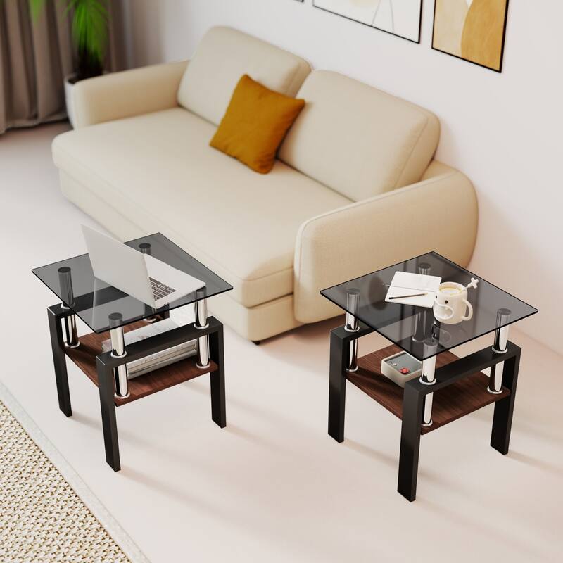Set of 2 Modern Tempered Glass Tea Table ,Tempered Glass Tabletop with MDF Layer,Coffee Table