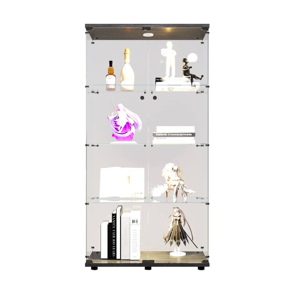 Two-door LED lights Glass Display Cabinet 4 Shelves with Door, Floor Standing Curio Bookshelf for Living Room