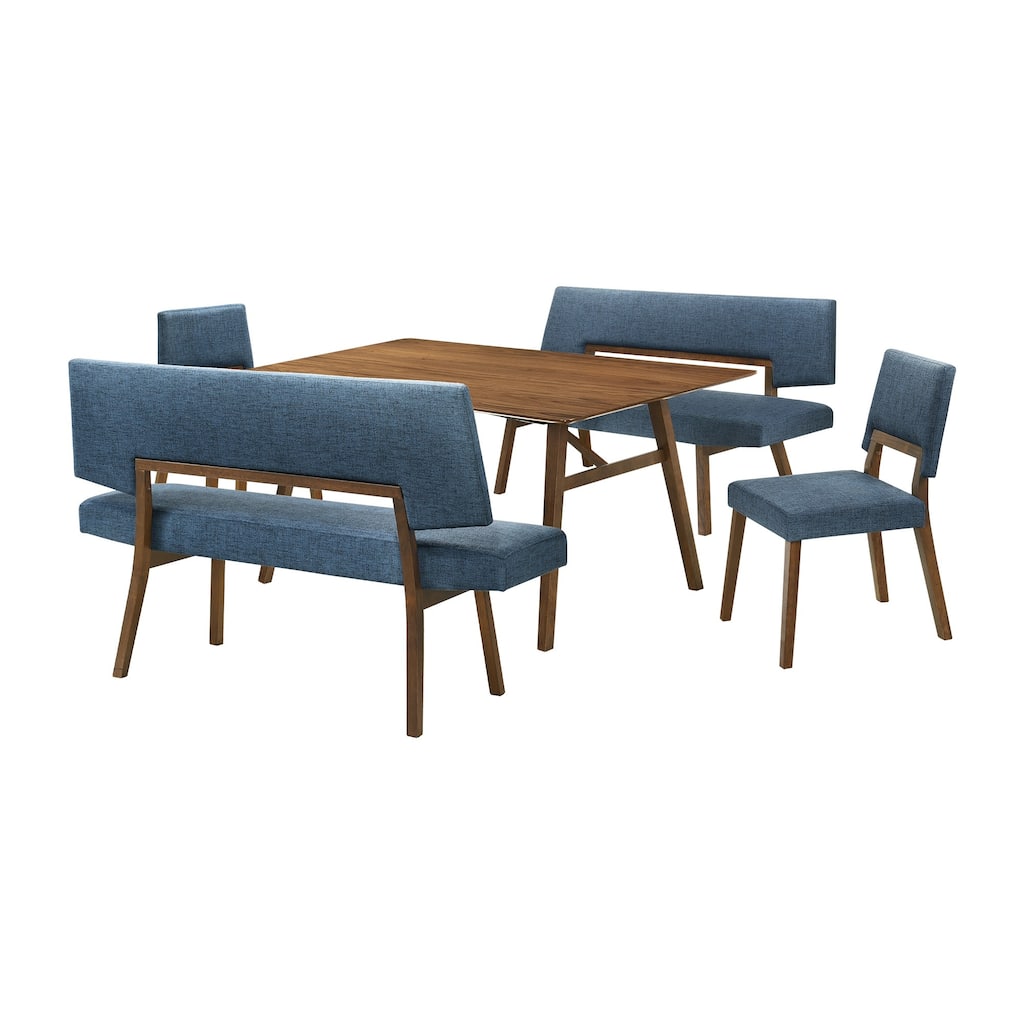 Yumi 5 Piece Dining Table Set, Chairs and Benches, Blue Fabric, Wood Brown