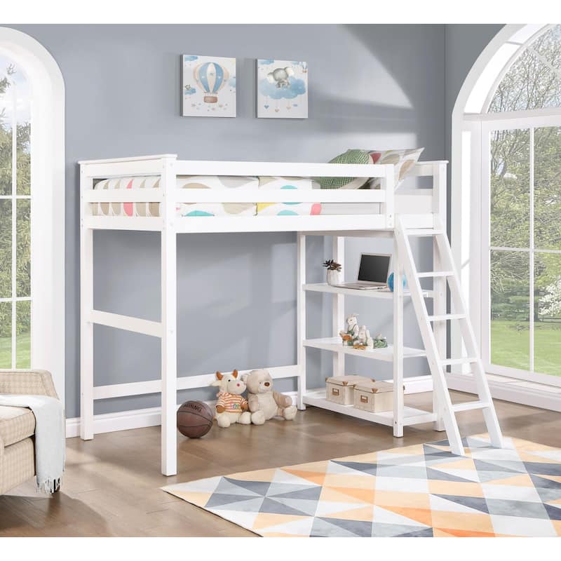 Jerica Twin Loft Bed with 3-Shelf - White