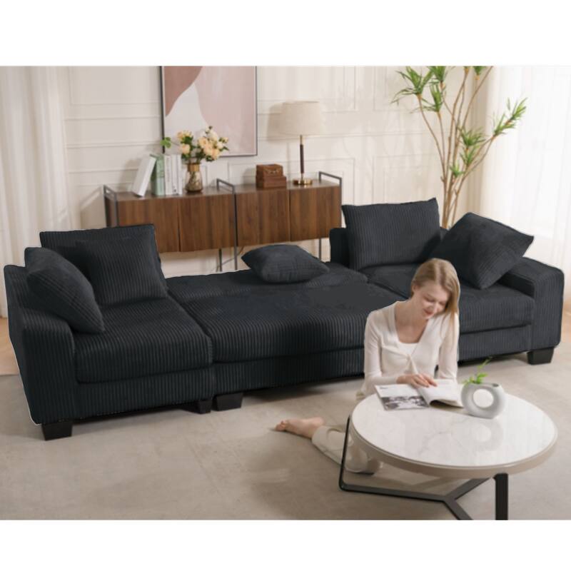 U Shaped Sofa Convertible Pull Out Sleeper Sofa Bed, 2 in 1 Recliner Sectional Couch, Corduroy Upholstery Daybed with Pillow - Black