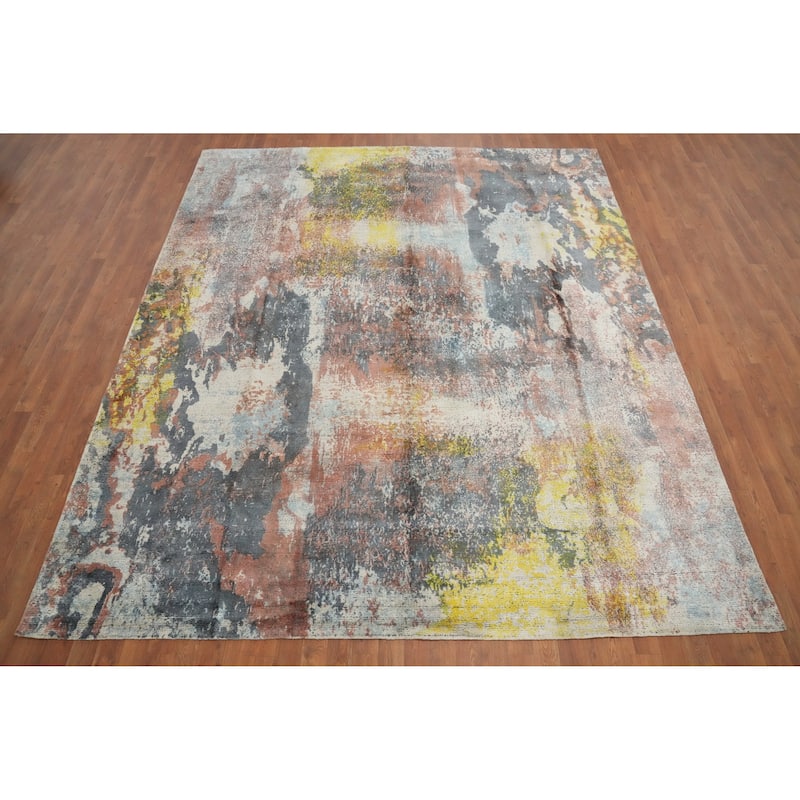 Hand Knotted Oriental Viscose Silk Carpet Modern Abstract Multi-Colored Abstract Area Rug - 9' 10'' X 8' 4''