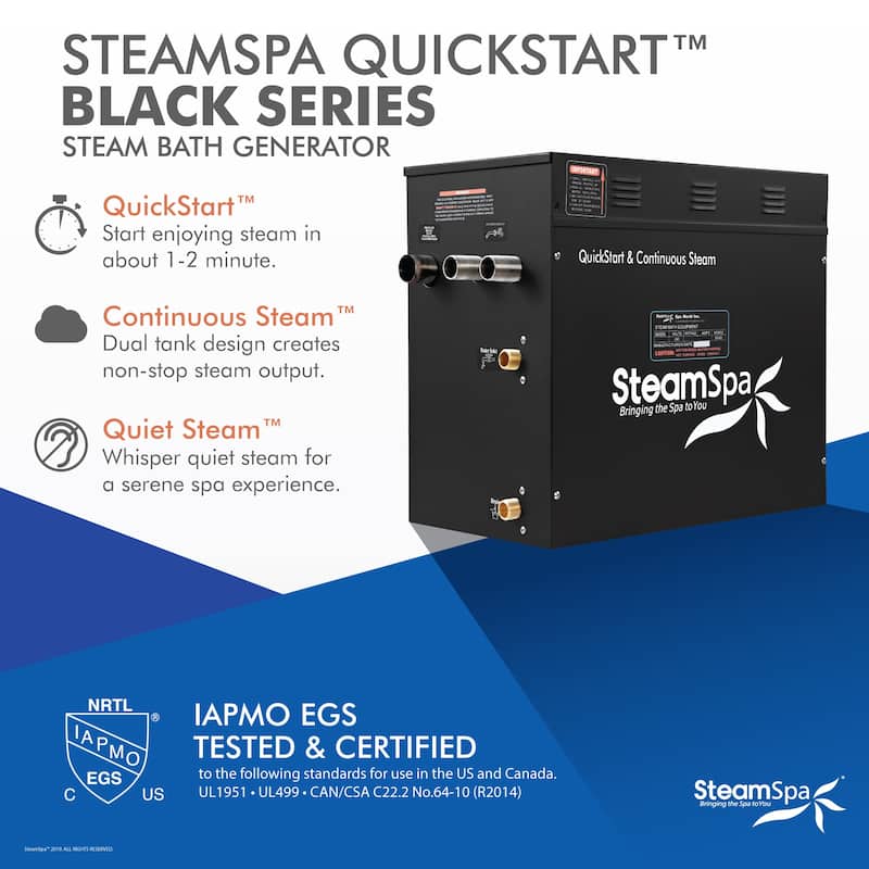 SteamSpa Black Series Bluetooth 12kW QuickStart Steam Bath Generator