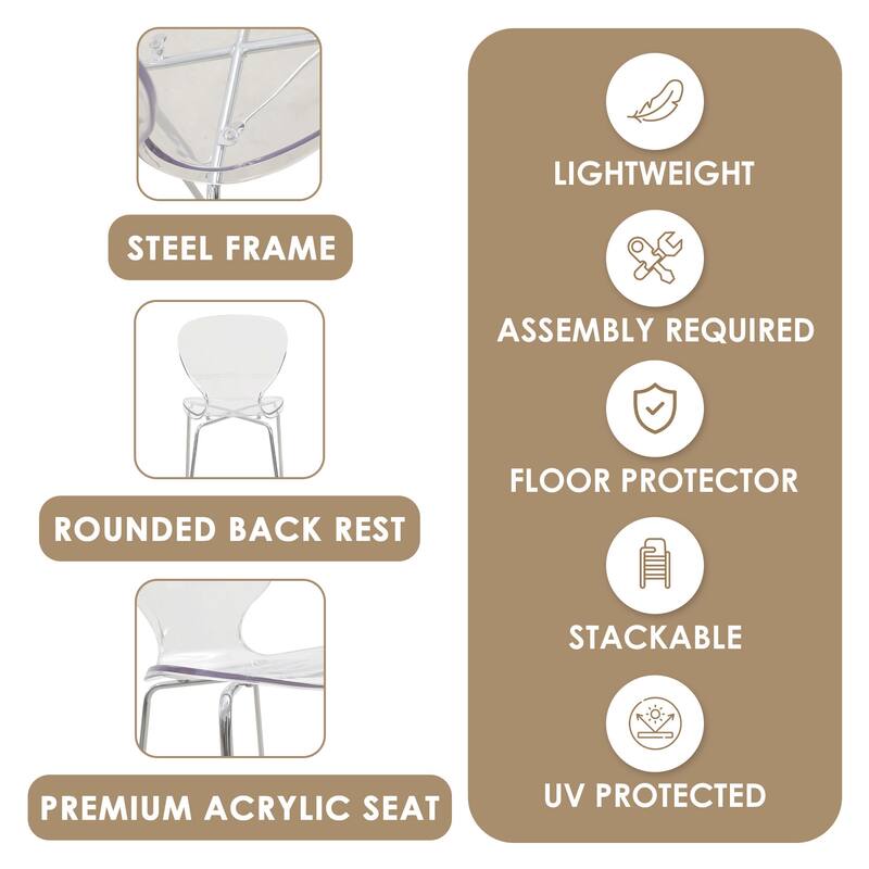 Oyster (Set of 2) 29.5" Mid-Century Modern Acrylic Bar Height Stools - Chrome Steel Frame & Stackable