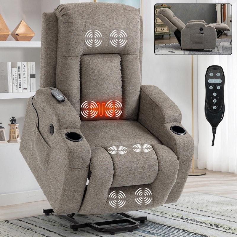 Power Lift Recliner with 8-Point Massage&Lumbar Heating, Cup Holders - LightBrown