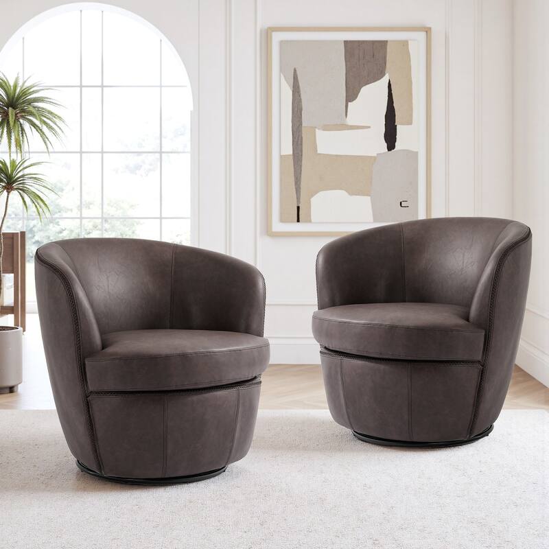 Modern Upholstery Barrel Swivel Chair Faux Leather - Set of 2 Chair - Chocolate