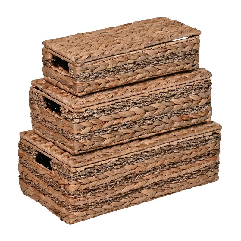 Handwoven Hyacinth Storage Baskets with HandleS & Lids (Set 3)