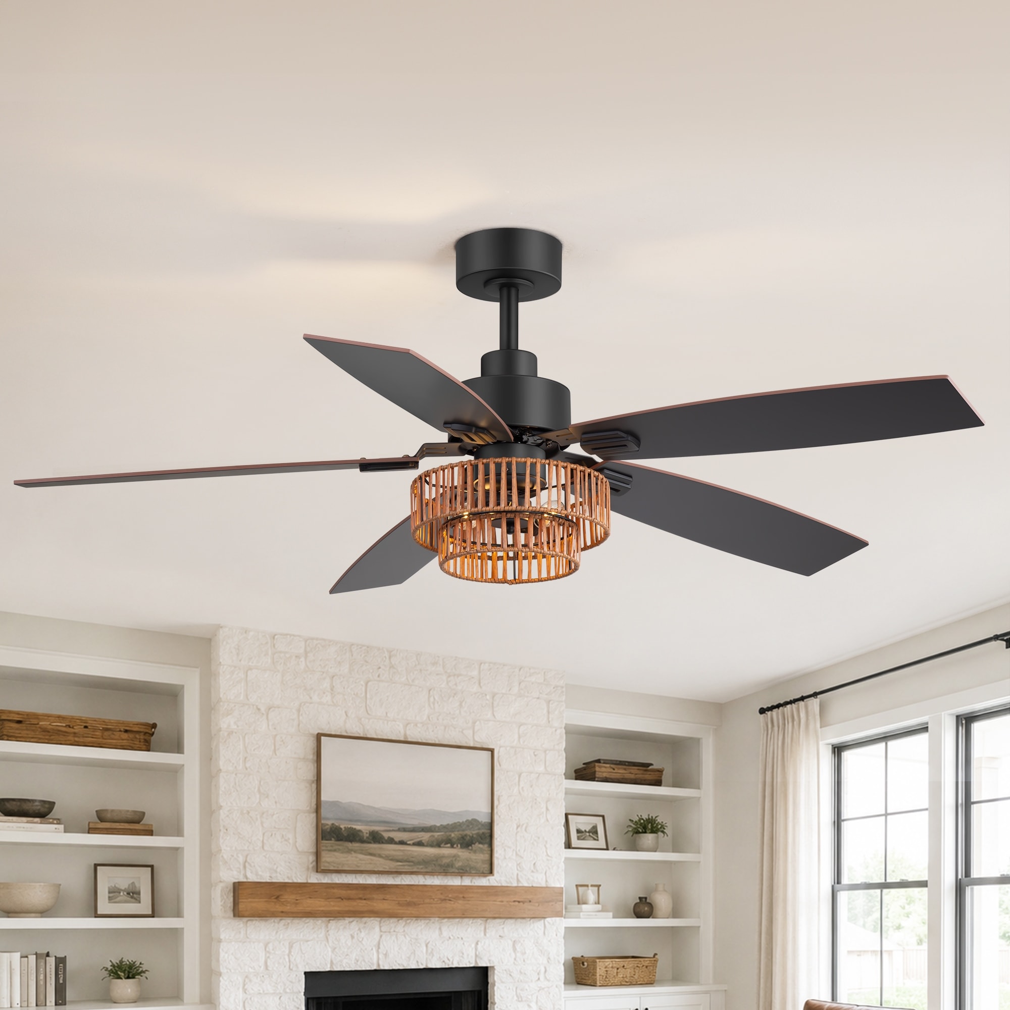 52-inch Farmhouse Ceiling Fan with Light, Wood Grain and Matte Black Reversible Blades, DC Motor, Remote Control - 52 in