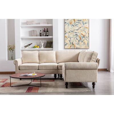 L-Shape Chenille Fabric Sectional Sofa Couch for Living Room, Round Arms Accent Sofa 5 Seater Sofas with Wood Legs