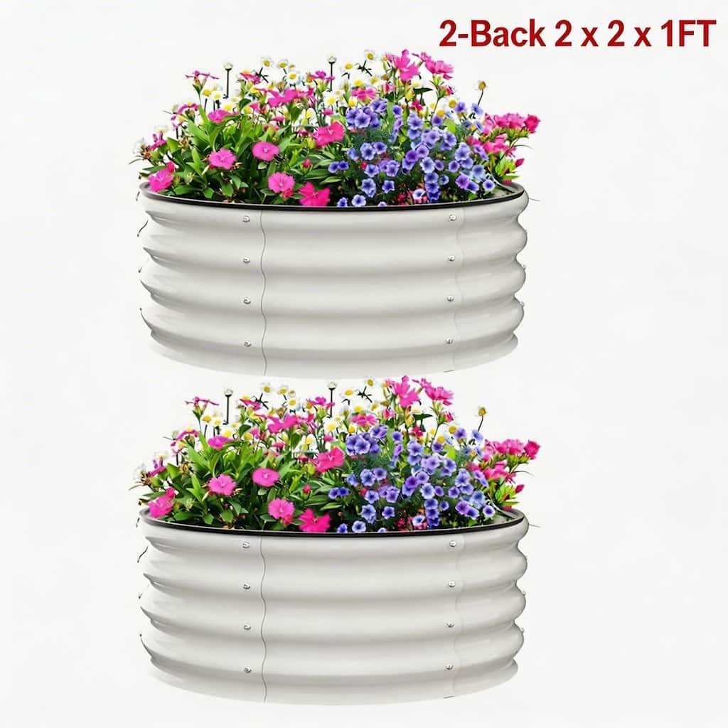 2-Pack 2 x 2 x 1FT Round Galvanized Raised Garden Bed Heavy-Duty Open-Bottom Planter Box off-white