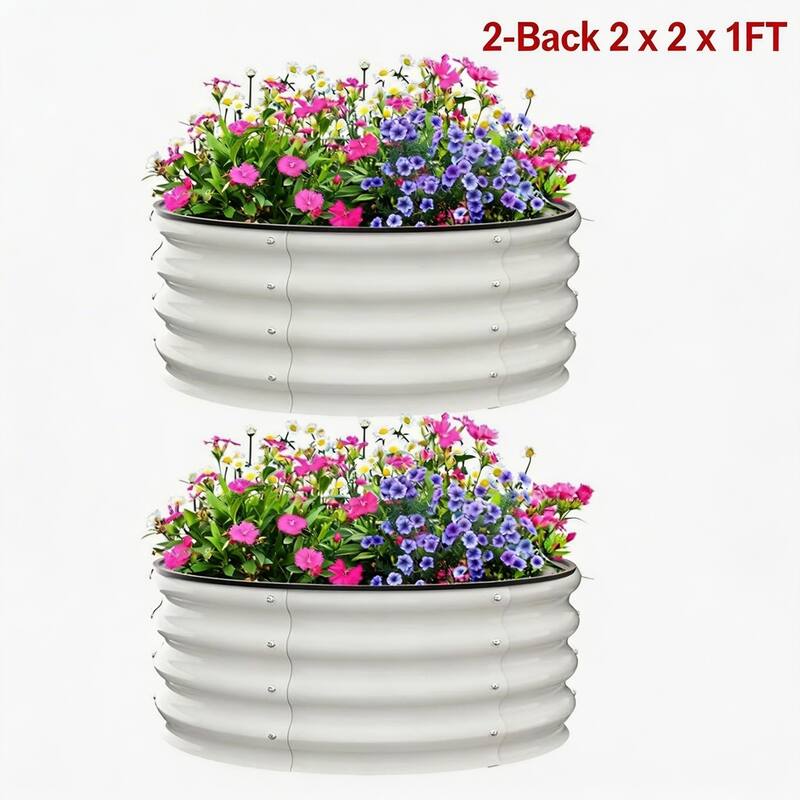 2-Pack 2 x 2 x 1FT Round Galvanized Raised Garden Bed Heavy-Duty Open-Bottom Planter Box off-white - 2*2*1FT