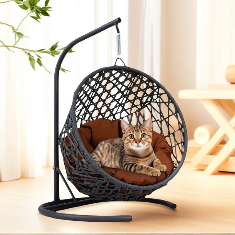 Pet Hanging Swing Bed, Rattan Hammock with Removable Soft Cushion, Cat Swing Bed with Stand & Cushion, Small Animals