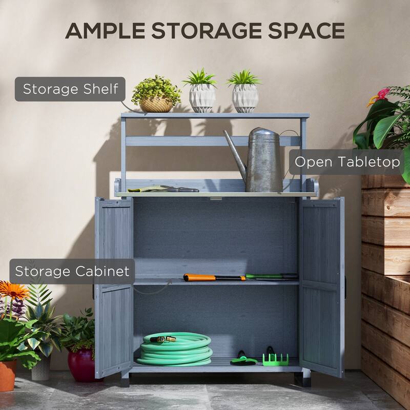 Potting Bench, Wooden Potting Table with Storage Cabinet with 2 Shelves, Garden Work Bench with Galvanized Plated Tabletop