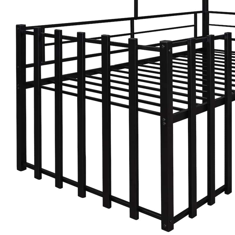 Black Twin Metal Loft Bed with Roof, Window & Ladder