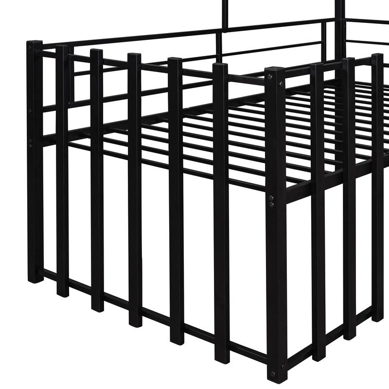 Twin Size Metal Loft Bed with Roof, Window, Guardrail, and Ladder