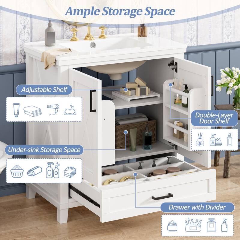 30-inch Bathroom Vanity with Single Sink, Solid Wood Frame + MDF, 2 Soft-Close Doors, 1 Divided Drawer, Dual Storage Shelves