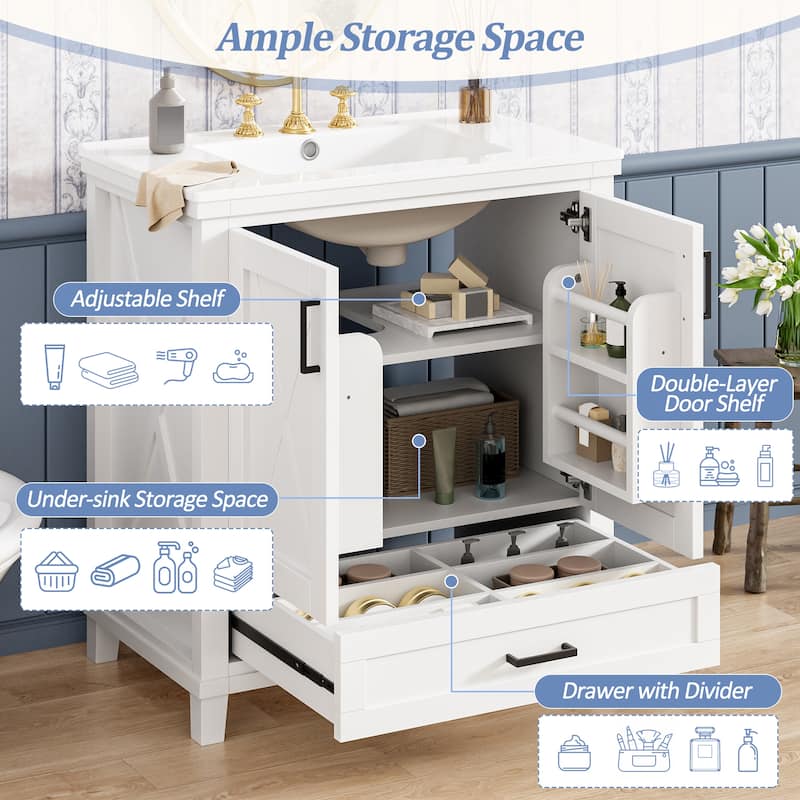 GDFStudio - Celia Wood Bathroom Vanity with Ceramic Sink, 2 Doors, Divided Drawer & Storage Shelves