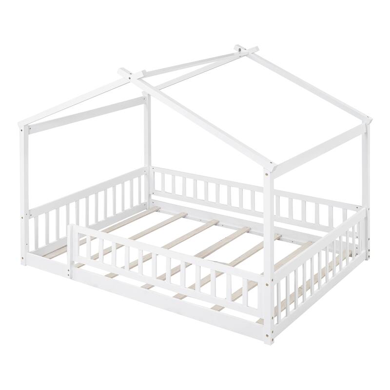 Full Size Wood Bed House Bed Frame with Fence, for Kids, Teens, Girls, Boys