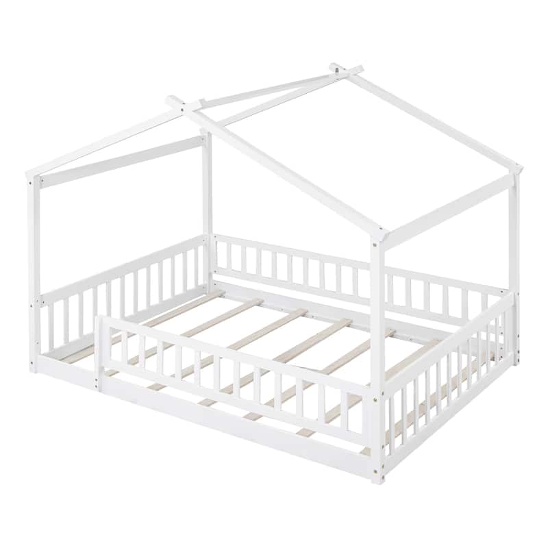 Full Size Wood House Bed Frame with Roof and Fence, for Kids, Teens, Girls, Boys