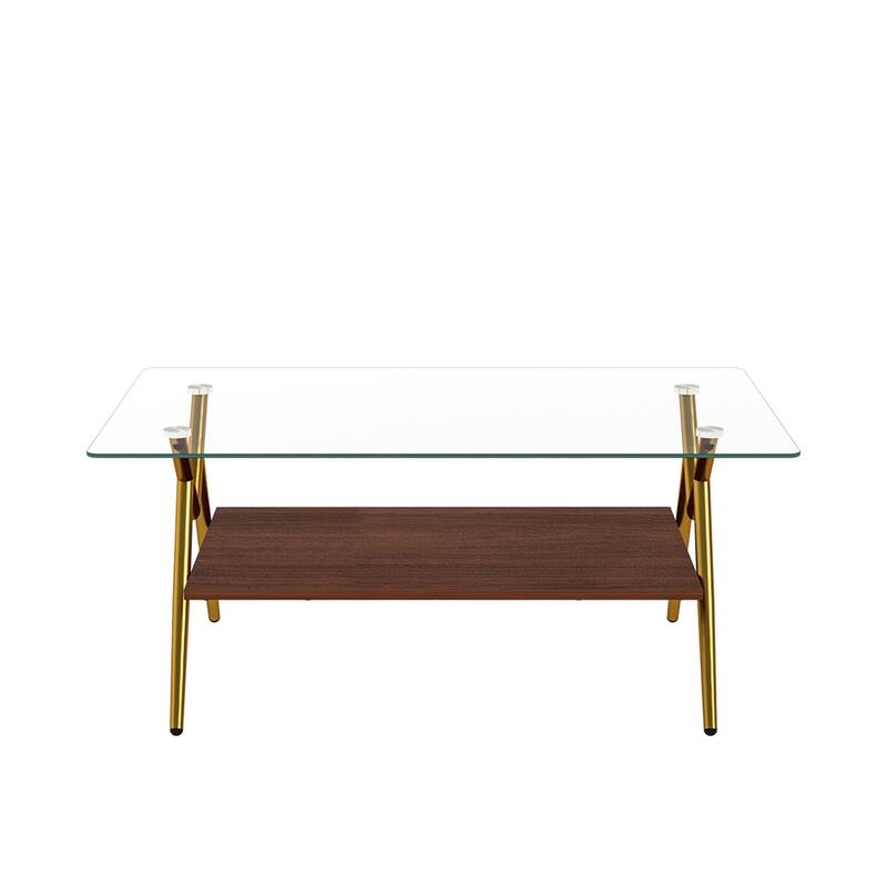 Modern Rectangle Coffee Table with Tempered Glass top and Metal Legs