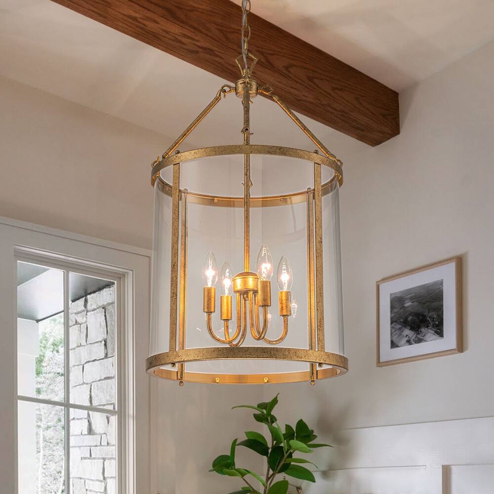 4 - Light Farmhouse Lantern Glass Drum Chandelier for Entryway