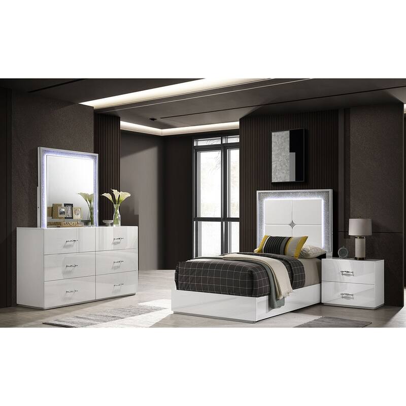 Modern White Finish High-Gloss Bedroom Furniture Set LED Headboard Bed Dresser Mirror Nightstand - Full