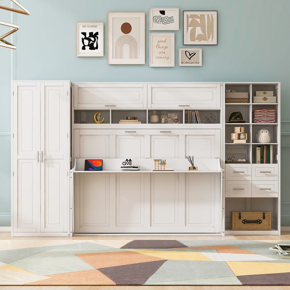 Roomfitters Full/Queen Size Murphy Bed Wall Bed with Closet, Shelves and Storage Drawers