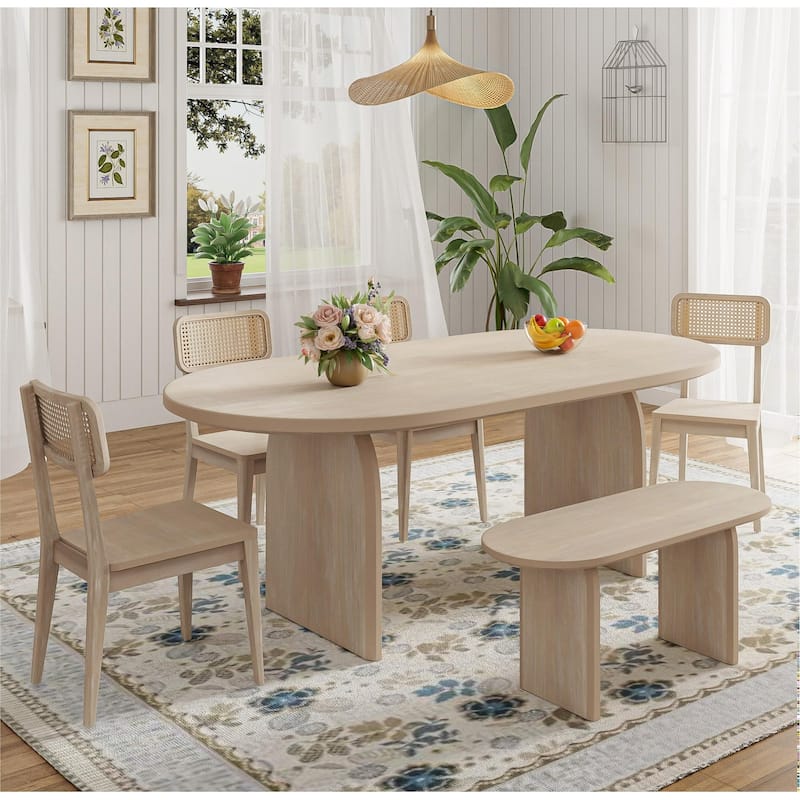 Dining Table Set for 6，Oval Kitchen Table and Rattan-Back Chairs - natural