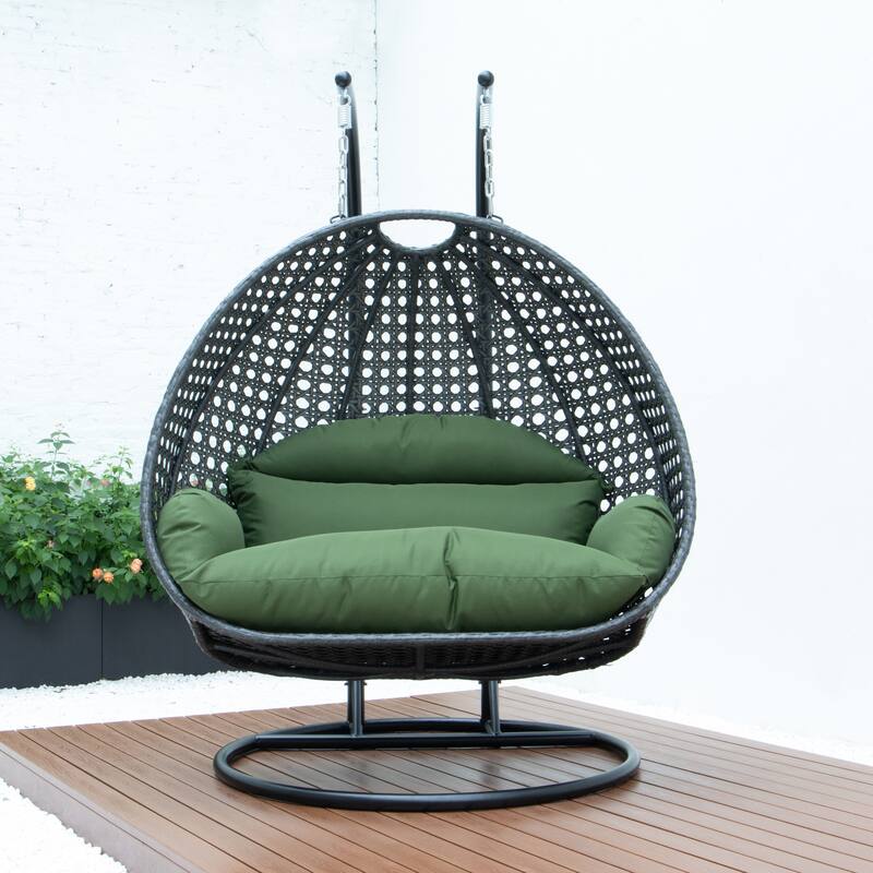 LeisureMod 2-Person Hanging Egg Swing Chair with Metal Stand - Handcrafted Charcoal Wicker, Patio Hammock Lounger with Cushions