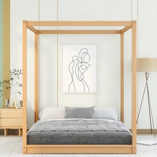 Queen Size Modern Floor Wood Canopy Bed Low Profile Platform Bed for Small Bedroom City Aprtment Dorm