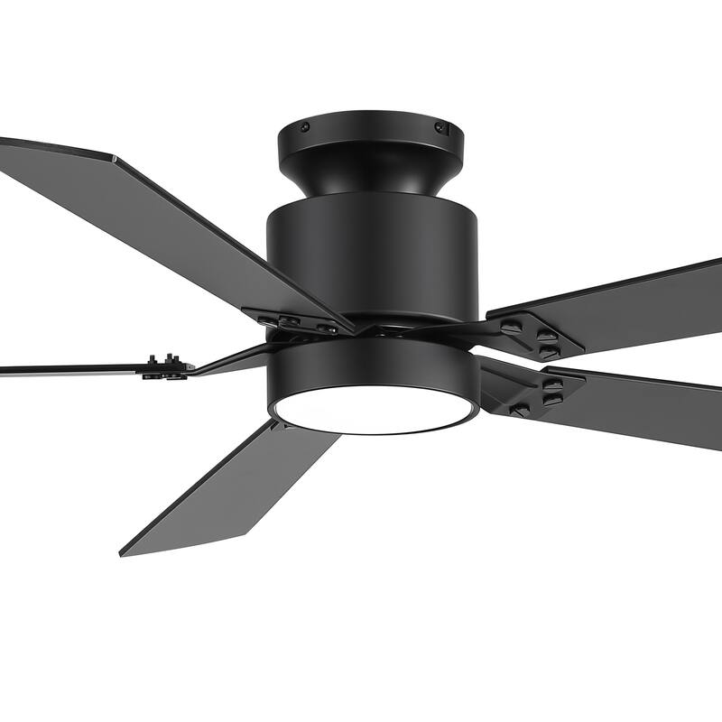 52-Inch Matte Black Flush Mount Ceiling Fan with RGB LED Light and Voice Control((5 Reversible Blades)