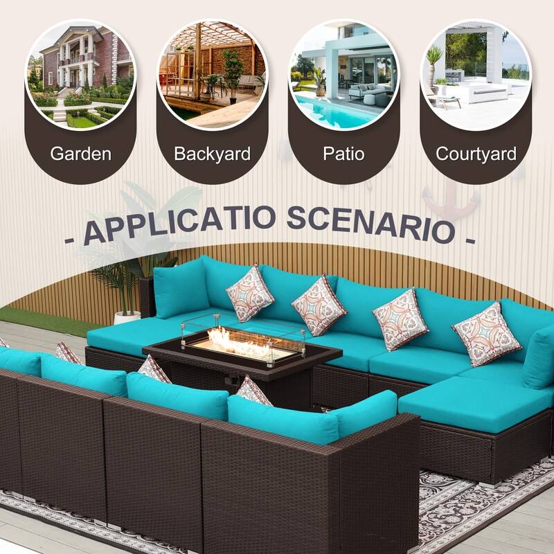 13-Piece Outdoor Wicker Patio Sectional Conversation Set with 43" CSA Fire Pit Table