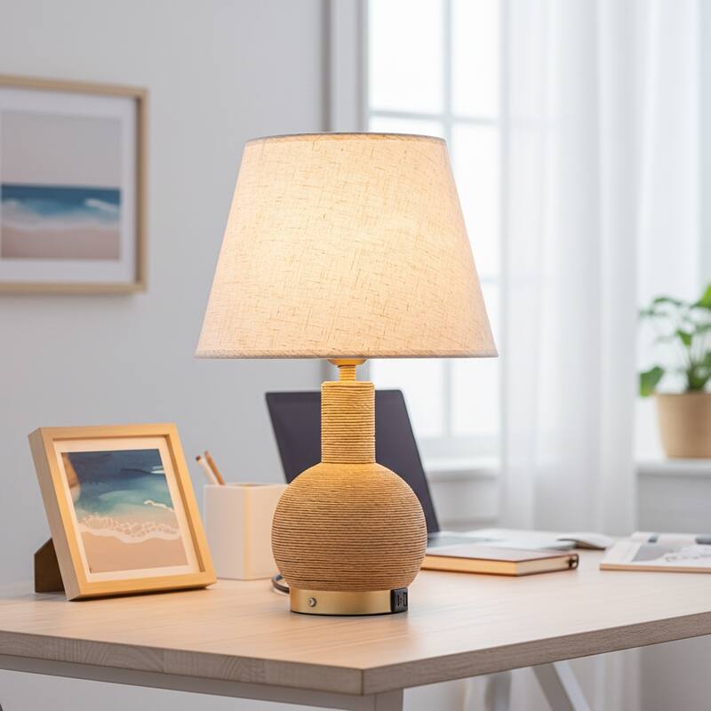 Amber 19" Rattan Table Lamp with USB 3-Way Touch Dimmer