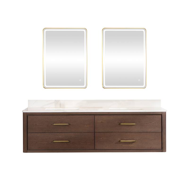 Cristo Floating Bath Vanity with White Quartz Stone Top and Mirror - 72 in. - Dark Brown Oak