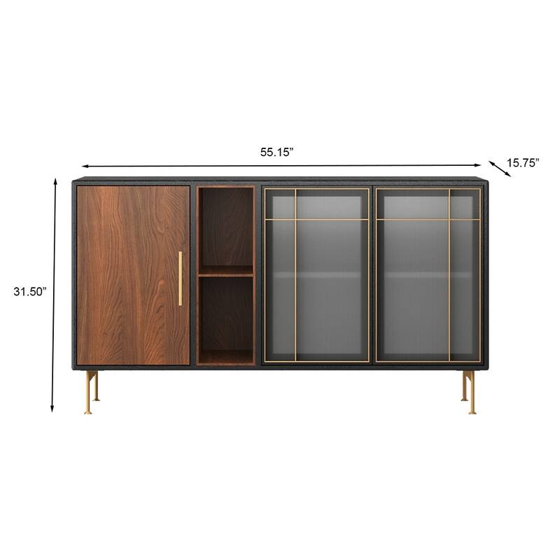55.12” Mid Century Modern Sideboard Buffet 3 Door Cabinet, Multi-layer Solid Wood Frame, Walnut Veneer, Fully Assemble - 55.12''