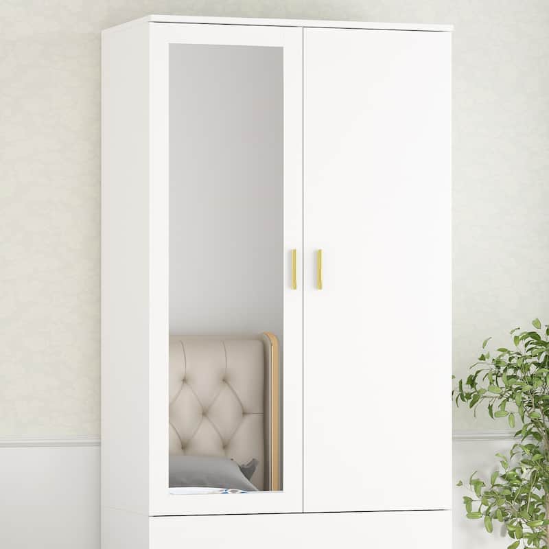 31.5"W x 72"H Two Door Wardrobe With Mirror White/Dark Brown Armoires - 31.5"W x 72"H
