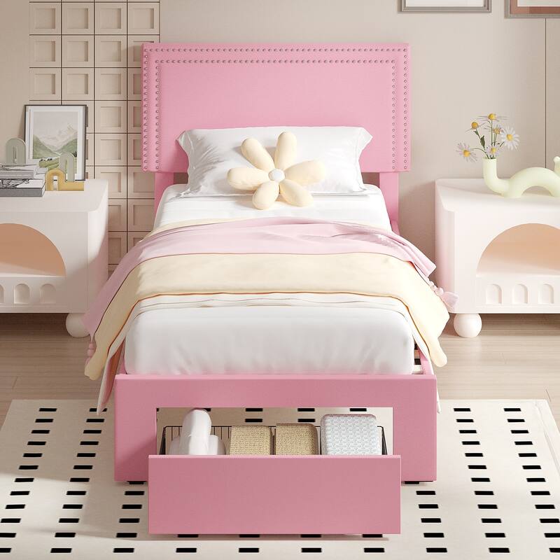 Modern Upholstered Bed Frame with Adjustable Headboard & 4 Storage Drawers Platform Fabric Bed with Button Tufted Headboard
