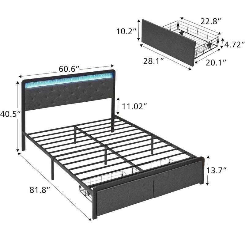 Upholstered Bed Frame with 2 Drawers, Headboard and LED Lights