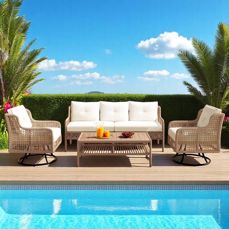 4-Piece Outdoor Patio Furniture Set with 3-Seat Sofa, 2 Swivel Rocking Chairs,PE Rattan Wicker, Removable Cushions and Pillows