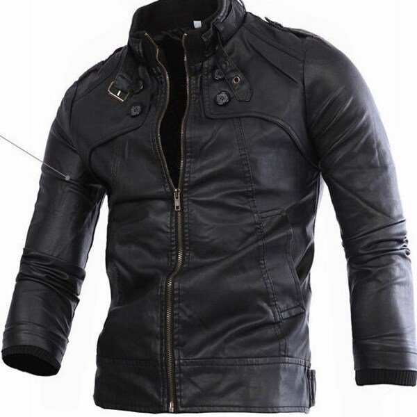 slim pu leather casual jacket