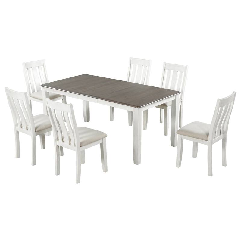 Retro Style 7-Piece Dining Table Set with Extendable Table and 6 Upholstered Chairs