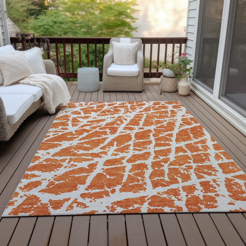 Machine Washable Indoor/ Outdoor Transitional Orange Crackle Chantille Rug