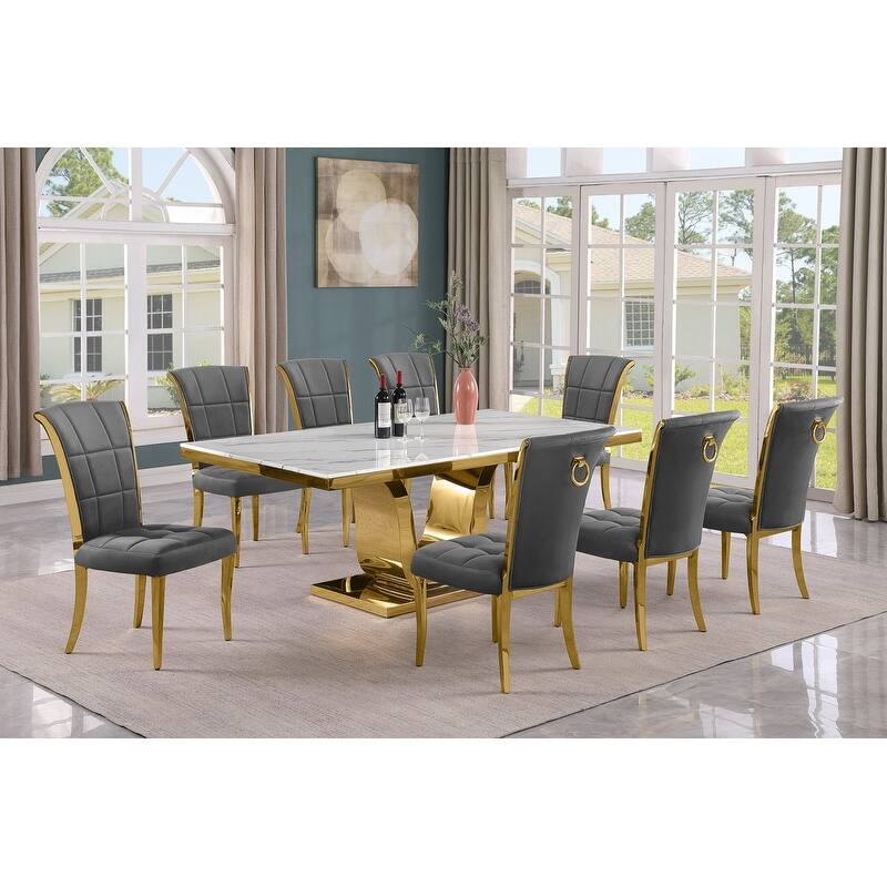 Best Quality Furniture D321-SC324-7 Dining Set with 78" White Marble Top - 9-Piece - Dark Grey / Gold