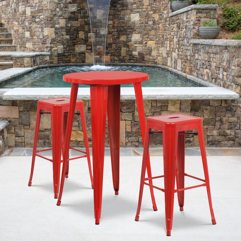 24'' Round Metal Indoor-Outdoor Bar Table Set with 2 Square Seat Backless Stools