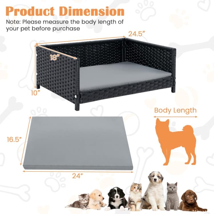 Rattan Dog Bed with Waterproof Soft Cushion for Medium Small Dogs Cats - 24.5" x 18" x 10" (L x W x H)